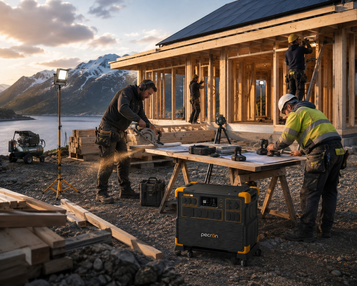 Håndverkere bygger hytte ved fjorden med Pecron E3800LFP på byggeplassen