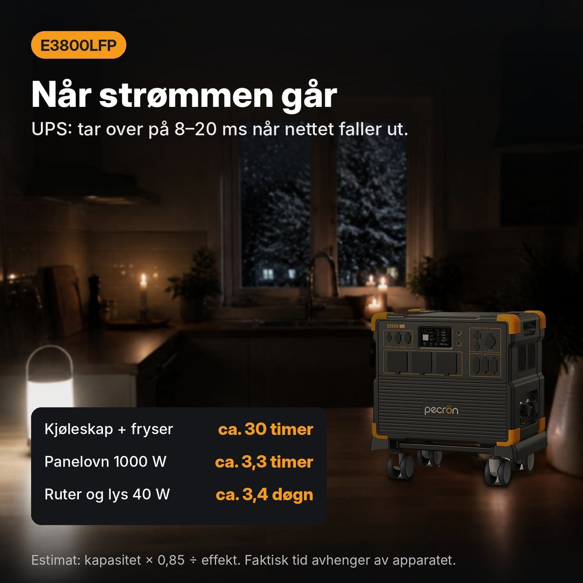 Pecron E3800LFP som nødstrøm ved strømstans, med UPS-funksjon