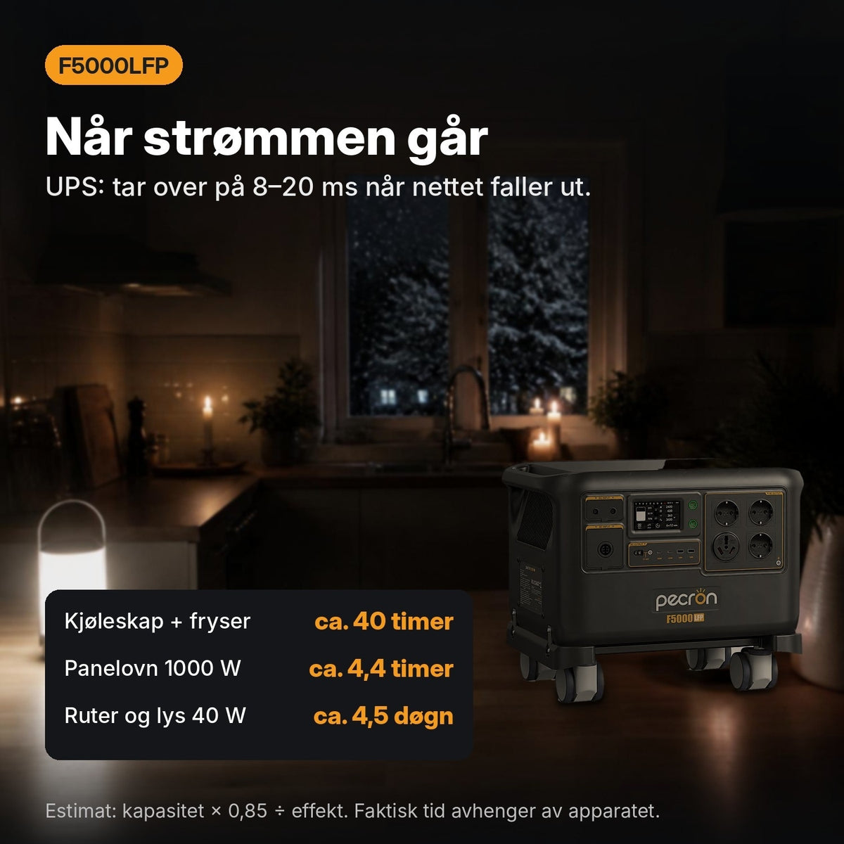 Pecron F5000LFP som nødstrøm ved strømstans, med UPS-funksjon