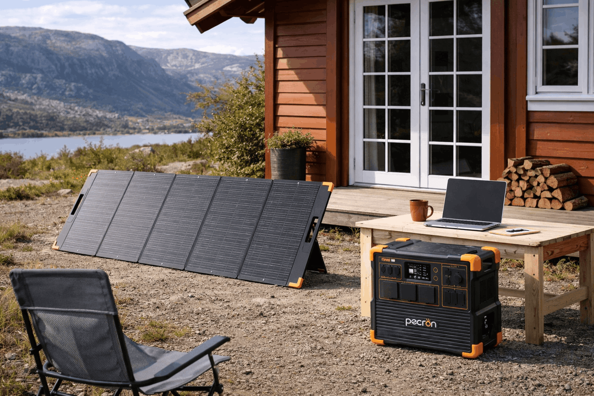 Pecron E3800LFP med solcellepanel og laptop utenfor hytte