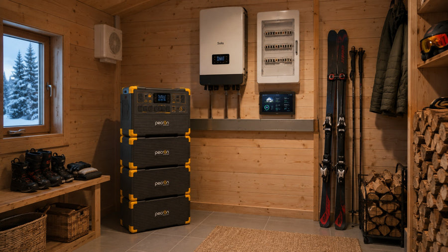 Pecron E3800 med ekstrabatterier i hyttebod om vinteren