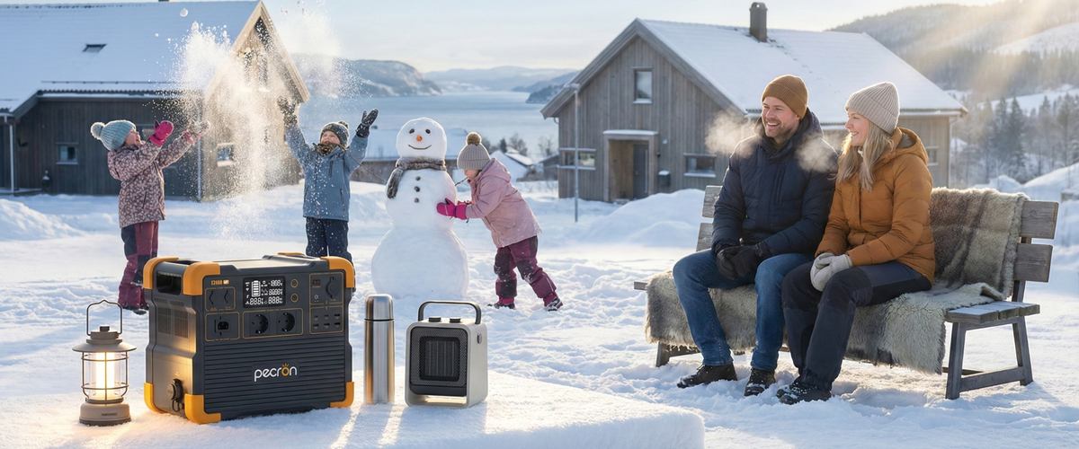 Pecron E1000 ute i snøen ved hytta