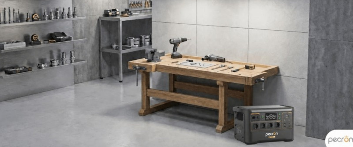 Pecron F3000 i verksted ved arbeidsbenk