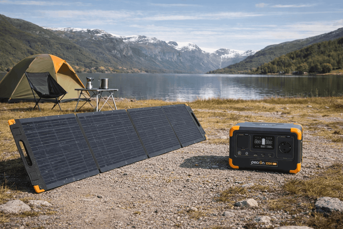 Pecron PV100 ved teltet ved fjorden