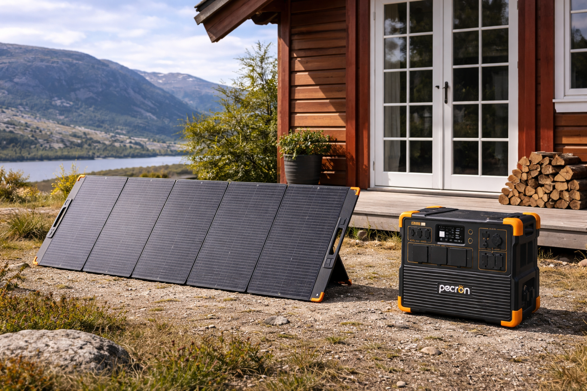 Pecron PV300 solcellepanel foran rød hytte ved fjorden